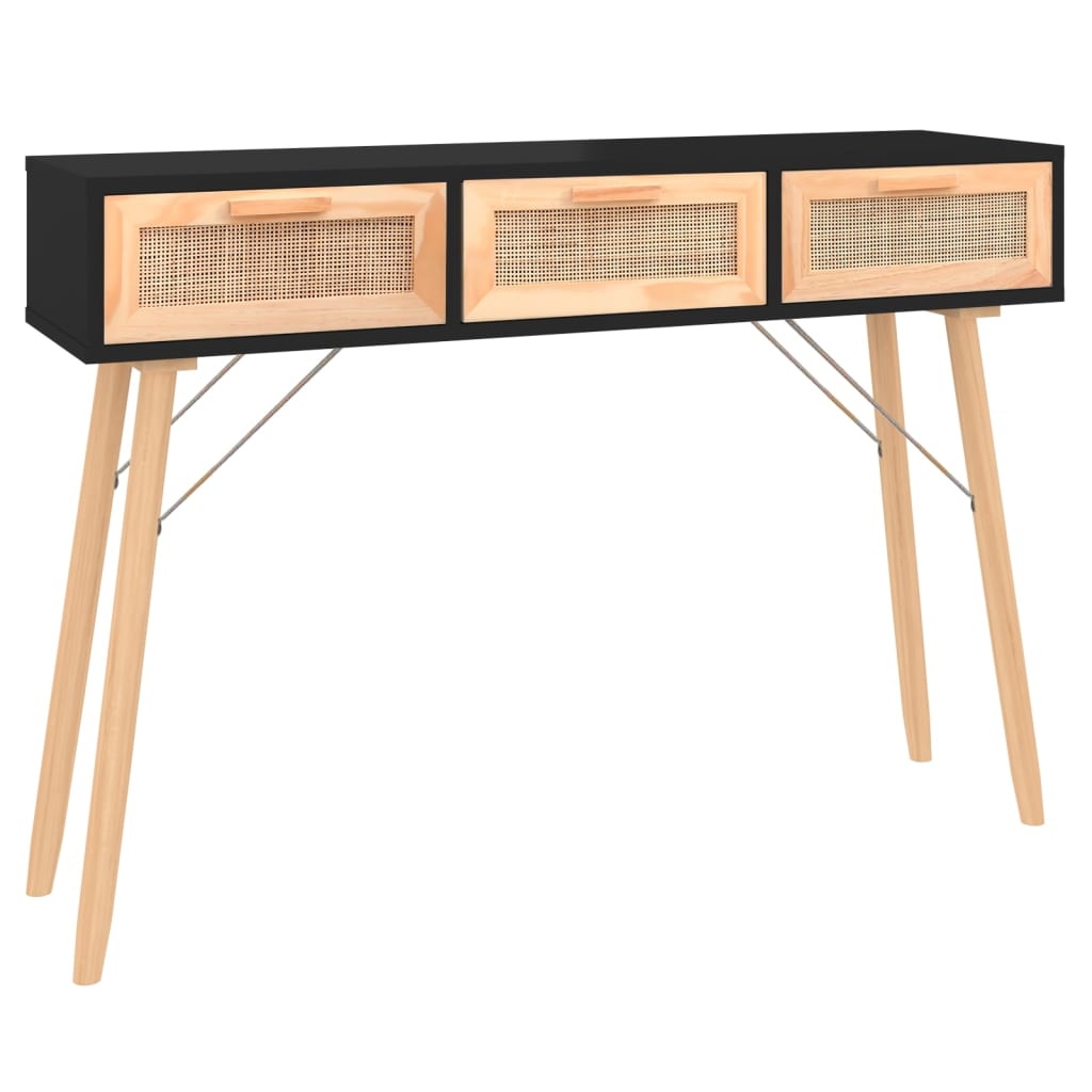 8720287102519_a_en_hd_1 vidaXL Console Table Black 105x30x75 cm Solid Wood Pine&Natural Rattan - Image 2