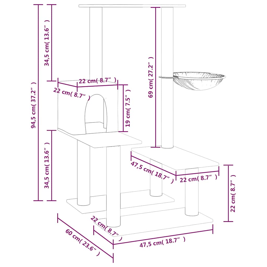 8720287213536_g_en_hd_5 vidaXL Cat Tree with Sisal Scratching Posts Light Grey 94.5 cm - Image 7