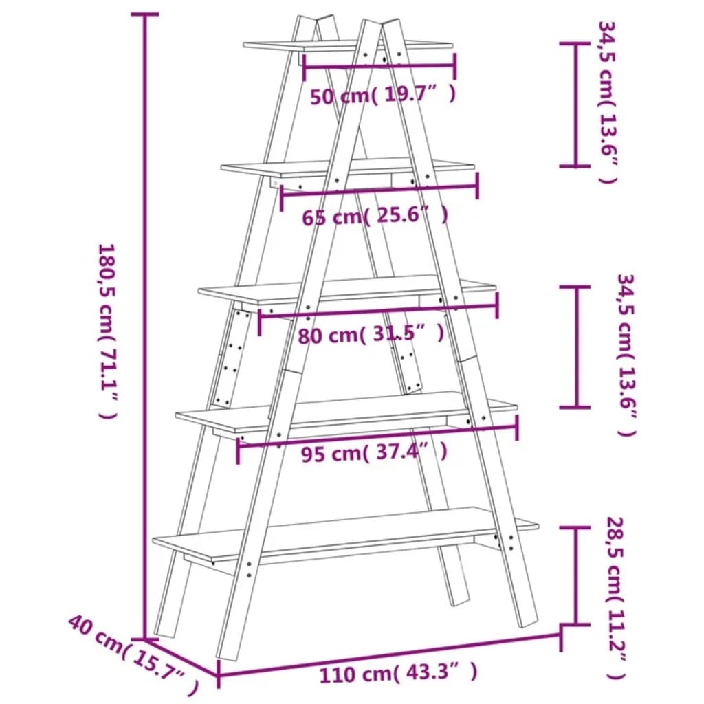 8720845433505_g_en_hd_7 vidaXL 5-Tier Shelf A-shape 110x40x180.5 cm Solid Wood Pine - Image 10
