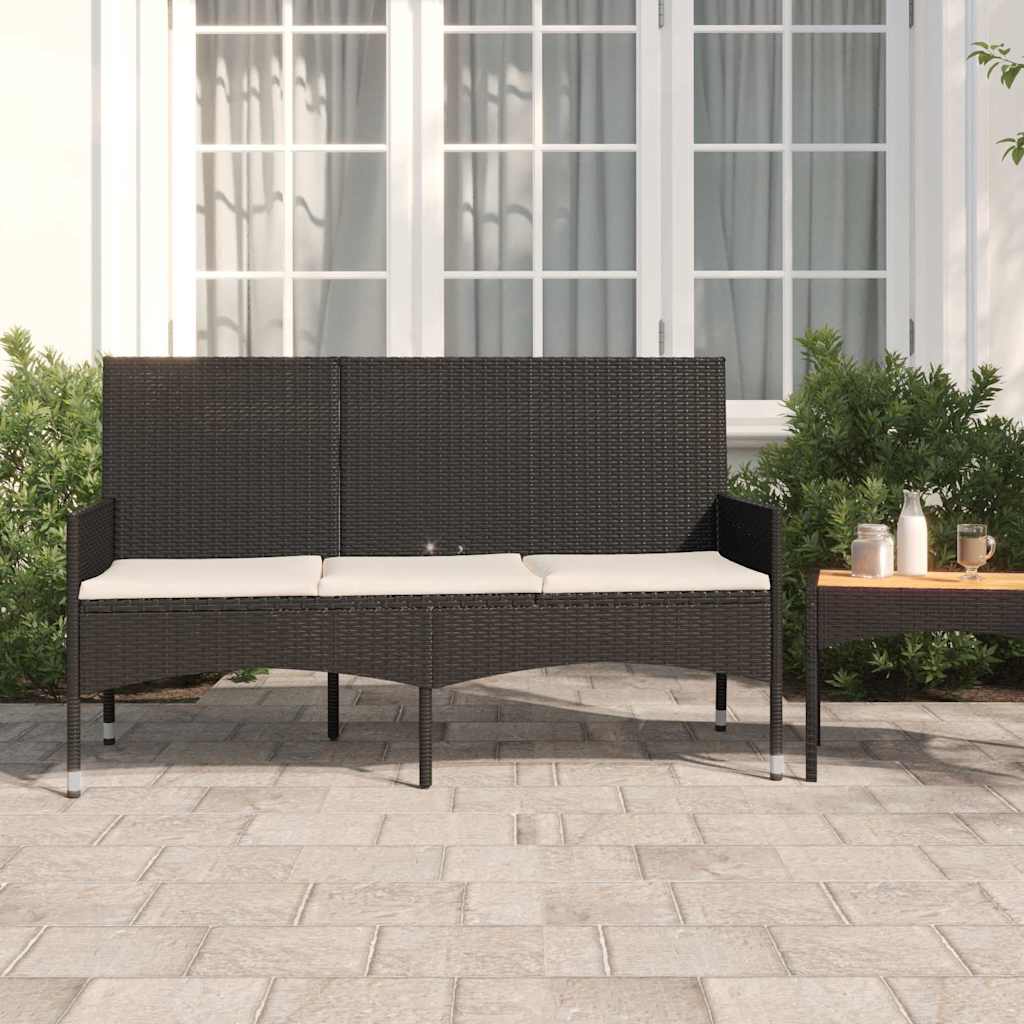vidaXL 3-Seater Garden Bench with Cushions Black Poly Rattan
