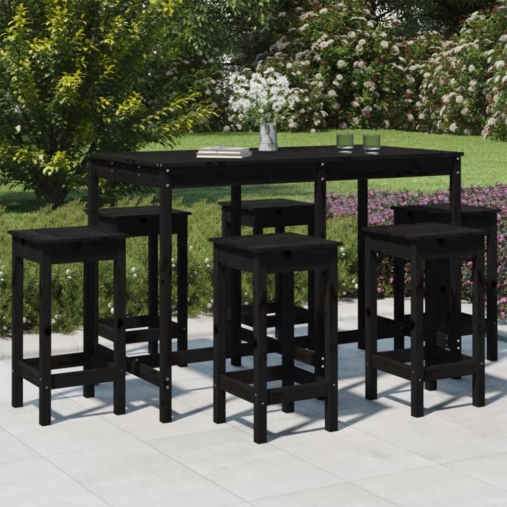 vidaXL 7 Piece Garden Bar Set Black Solid Wood Pine