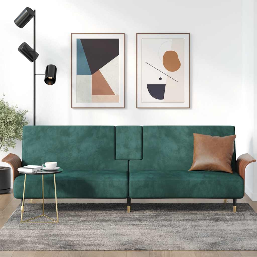 vidaXL Sofa Bed with Cup Holders Dark Green Velvet