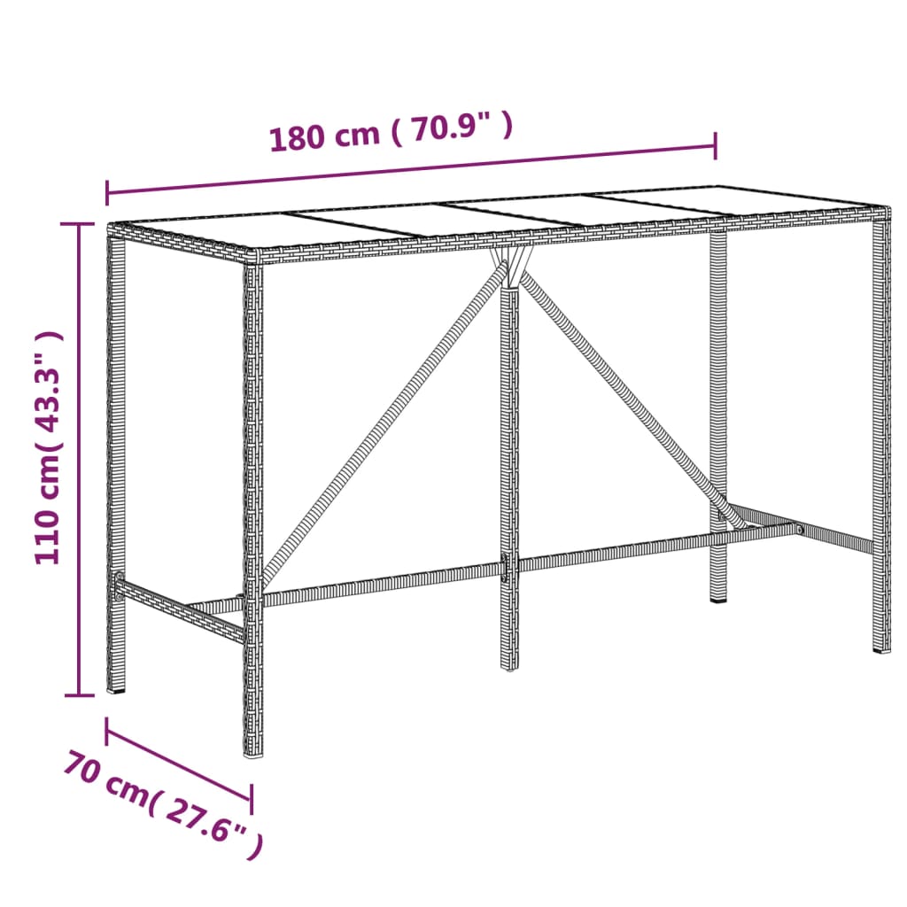 8720845740047_g_en_hd_4 vidaXL Bar Table with Glass Top Grey 180x70x110 cm Poly Rattan - Image 6