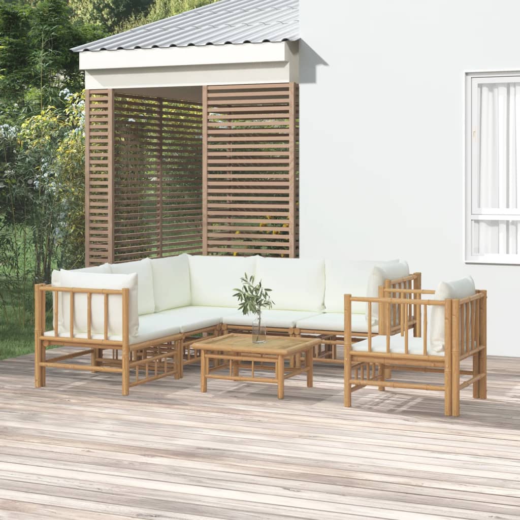 vidaXL 7 Piece Garden Lounge Set with Cream White Cushions  Bamboo