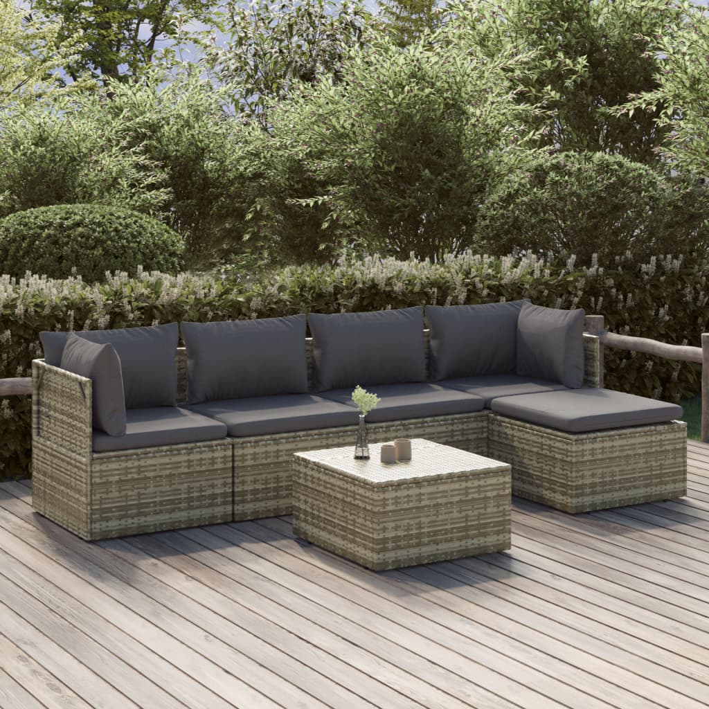 vidaXL 6 Piece Garden Lounge Set with Cushions Grey Poly Rattan