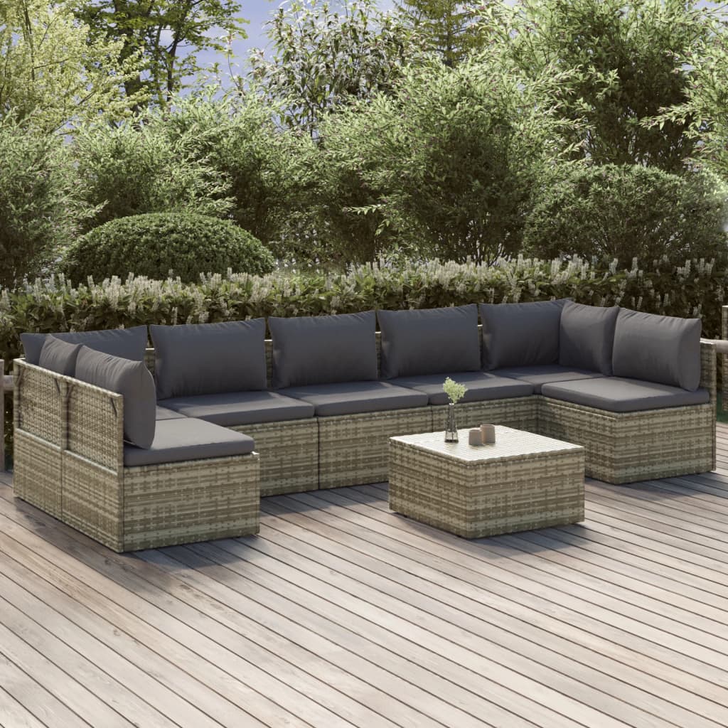 vidaXL 8 Piece Garden Lounge Set with Cushions Grey Poly Rattan
