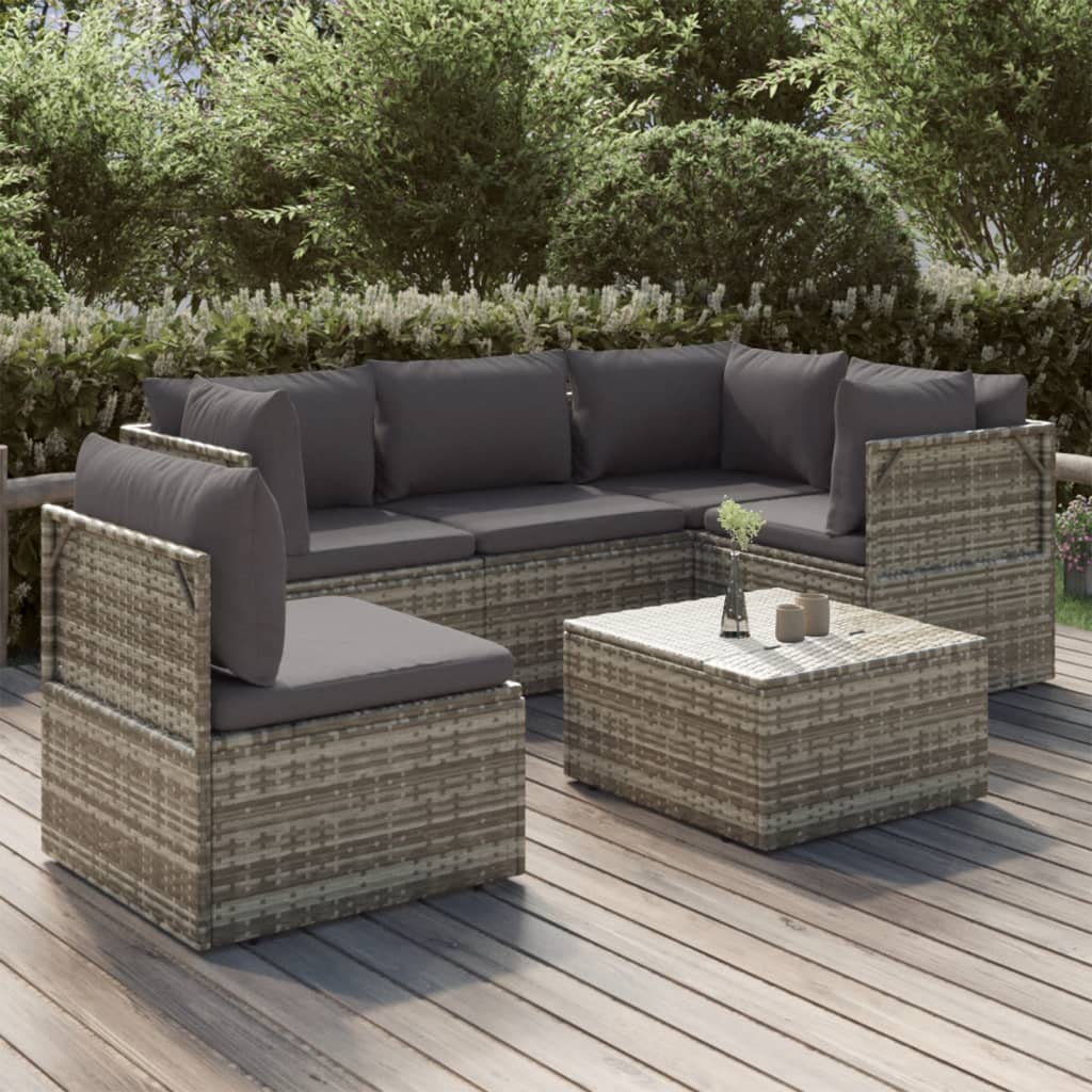 vidaXL 6 Piece Garden Lounge Set with Cushions Grey Poly Rattan