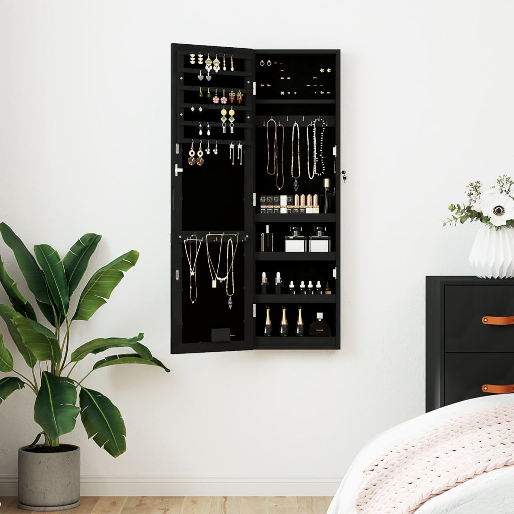 vidaXL Mirror Jewellery Cabinet with LED Lights Wall Mounted Black