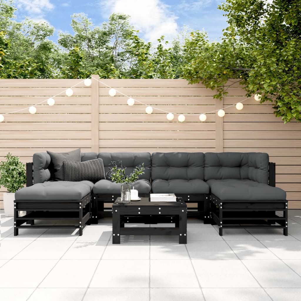 vidaXL 7 Piece Garden Lounge Set with Cushions Black Solid Wood