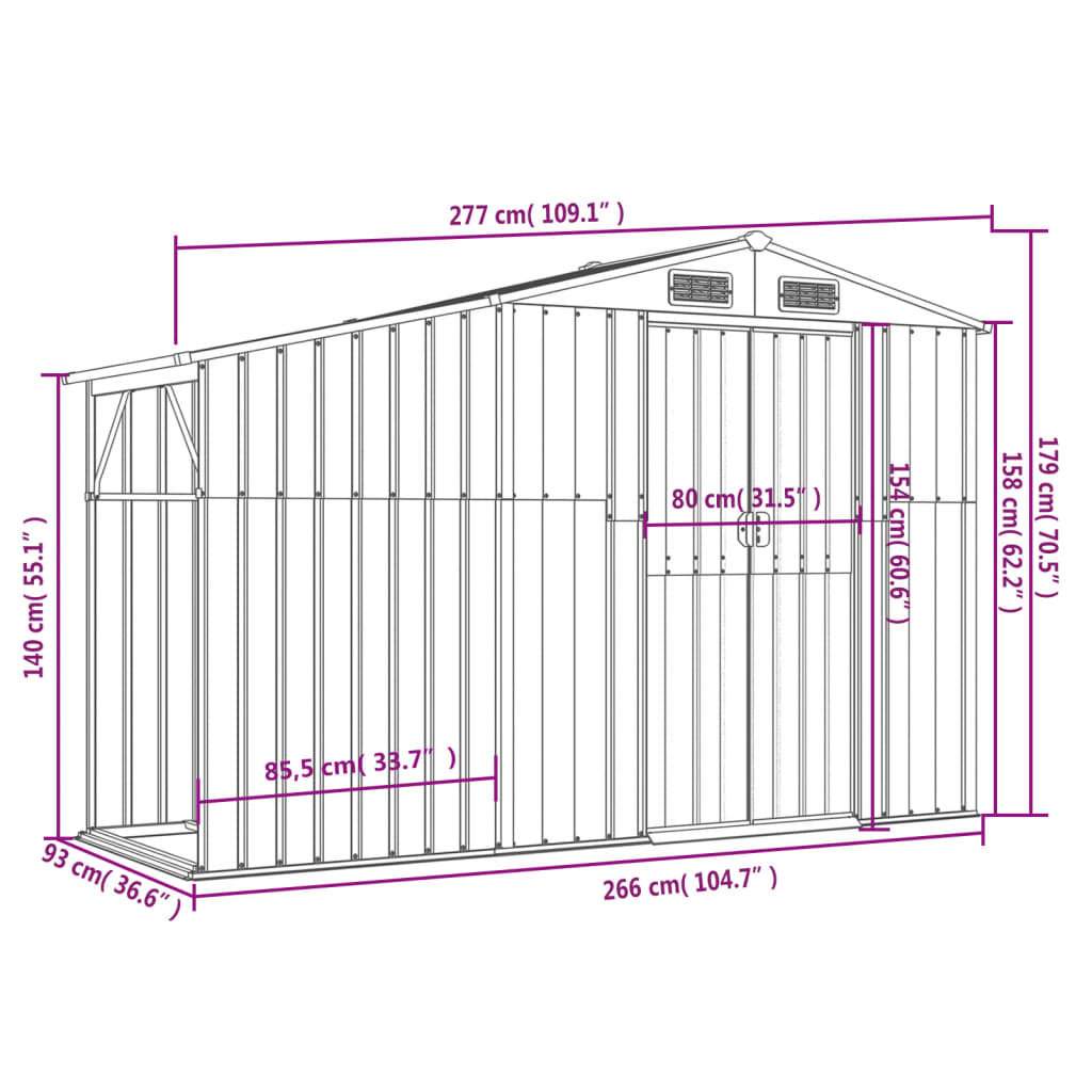 8720845896782_g_en_hd_7 vidaXL Garden Shed Brown 277x93x179 cm Galvanised Steel - Image 9