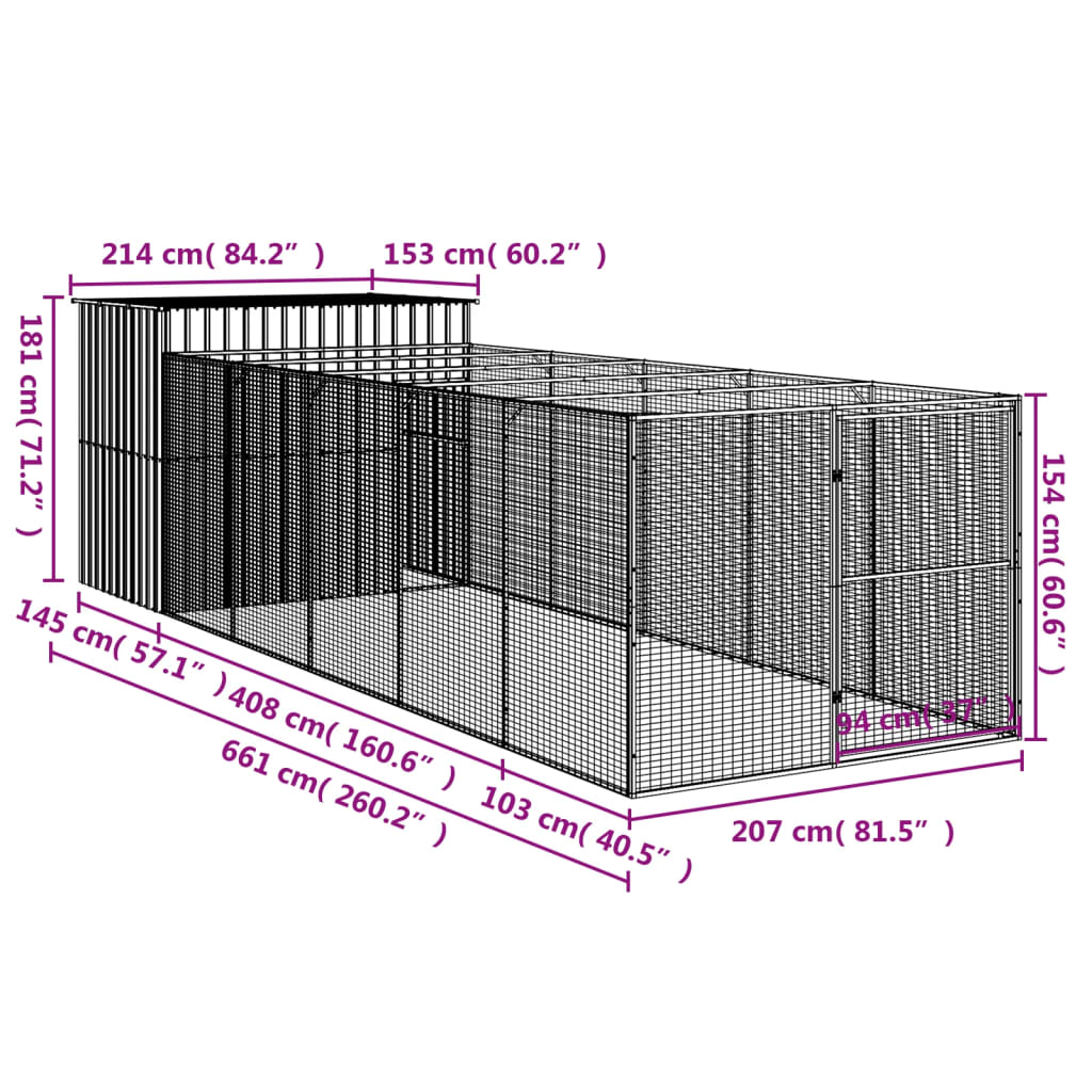 8720845917425_g_en_hd_7 vidaXL Dog House with Run Light Grey 214x661x181 cm Galvanised Steel - Image 9