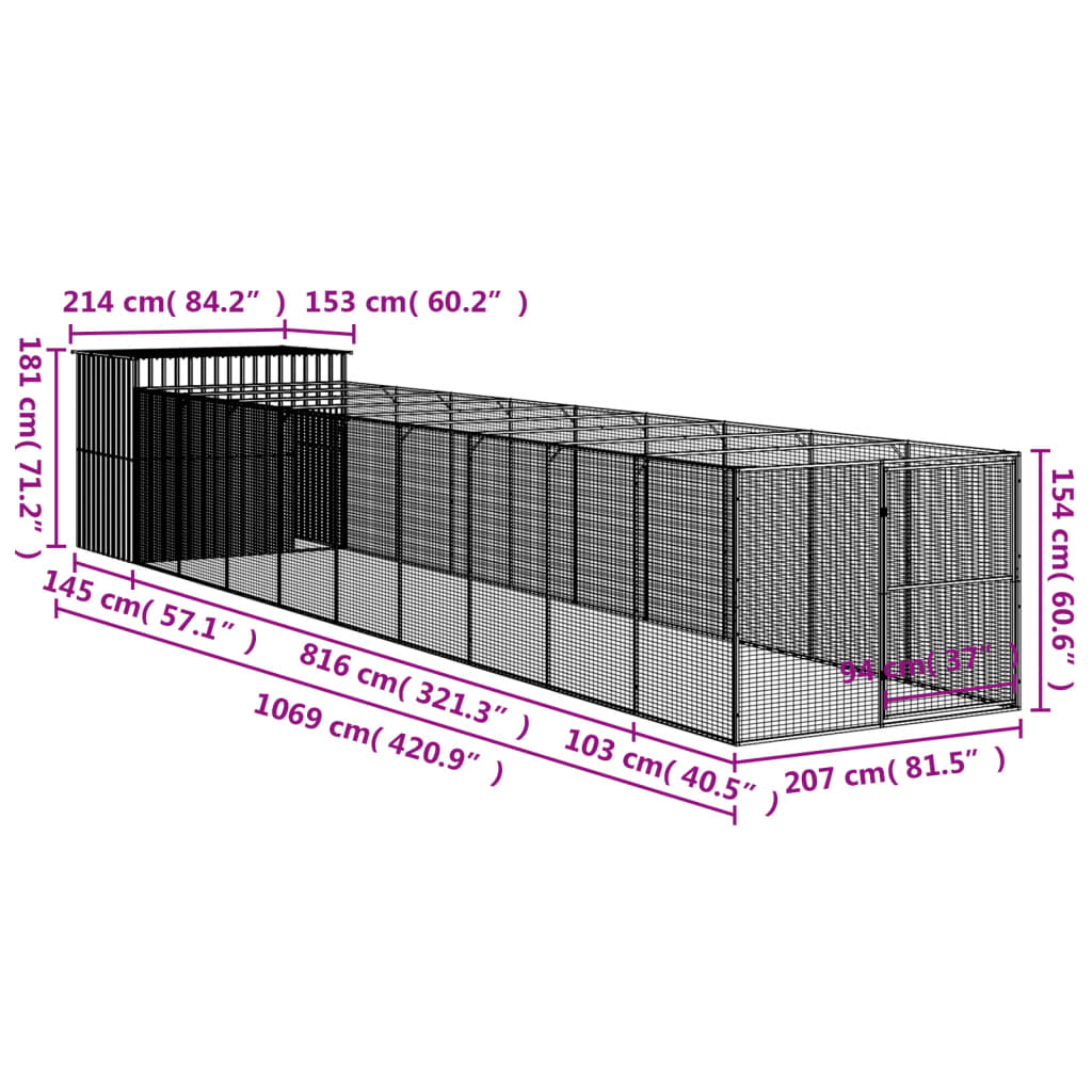 8720845917449_g_en_hd_7 vidaXL Dog House with Run Light Grey 214x1069x181 cm Galvanised Steel - Image 9