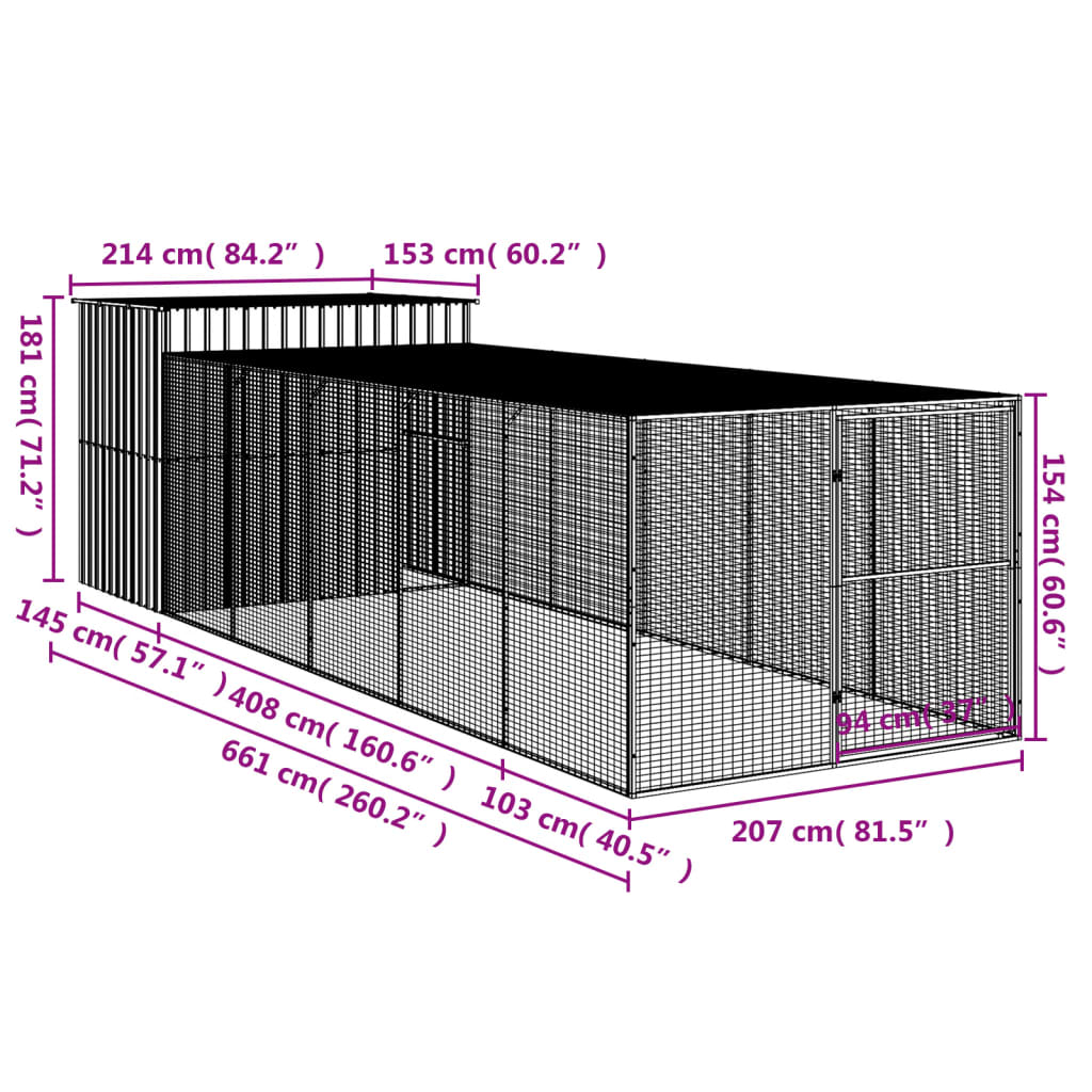 8720845917548_g_en_hd_7 vidaXL Dog House with Run Light Grey 214x661x181 cm Galvanised Steel - Image 9