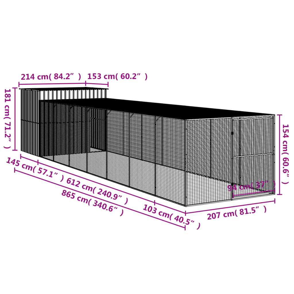 8720845917555_g_en_hd_7 vidaXL Dog House with Run Light Grey 214x865x181 cm Galvanised Steel - Image 9