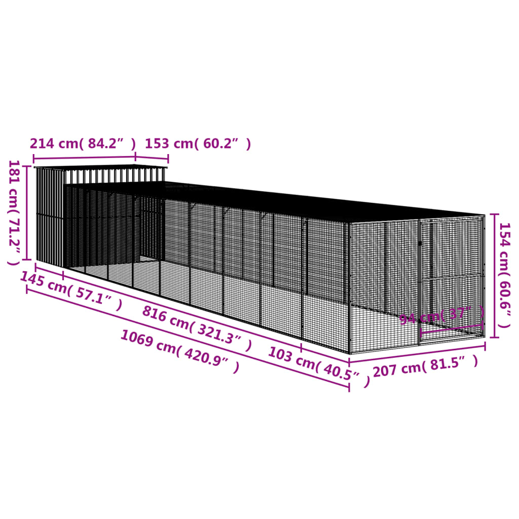 8720845917562_g_en_hd_7 vidaXL Dog House with Run Light Grey 214x1069x181 cm Galvanised Steel - Image 9