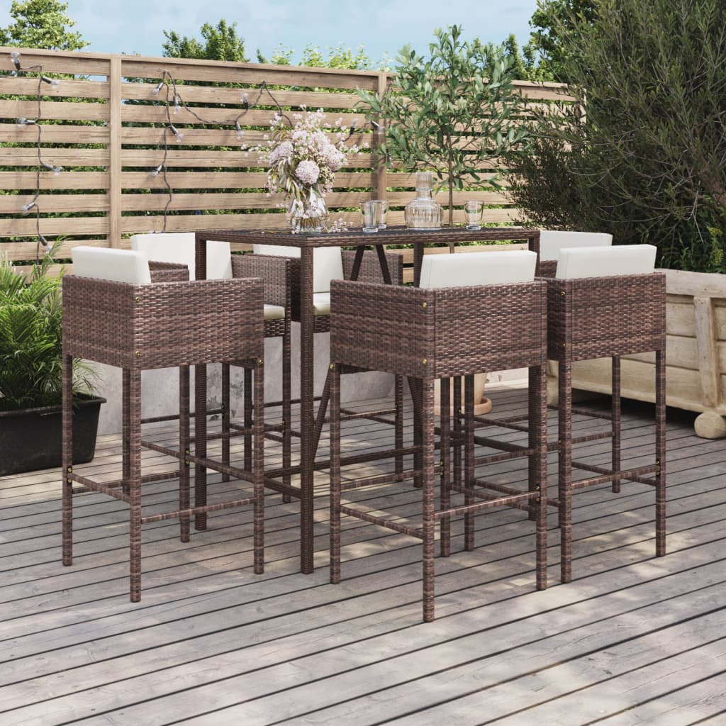 vidaXL 7 Piece Garden Bar Set with Cushions Brown Poly Rattan