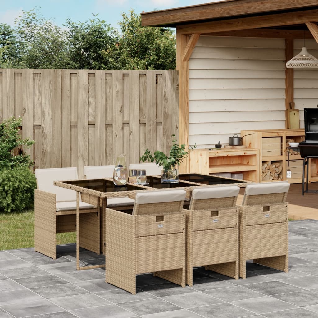 vidaXL 7 Piece Garden Dining Set with Cushions Beige Poly Rattan
