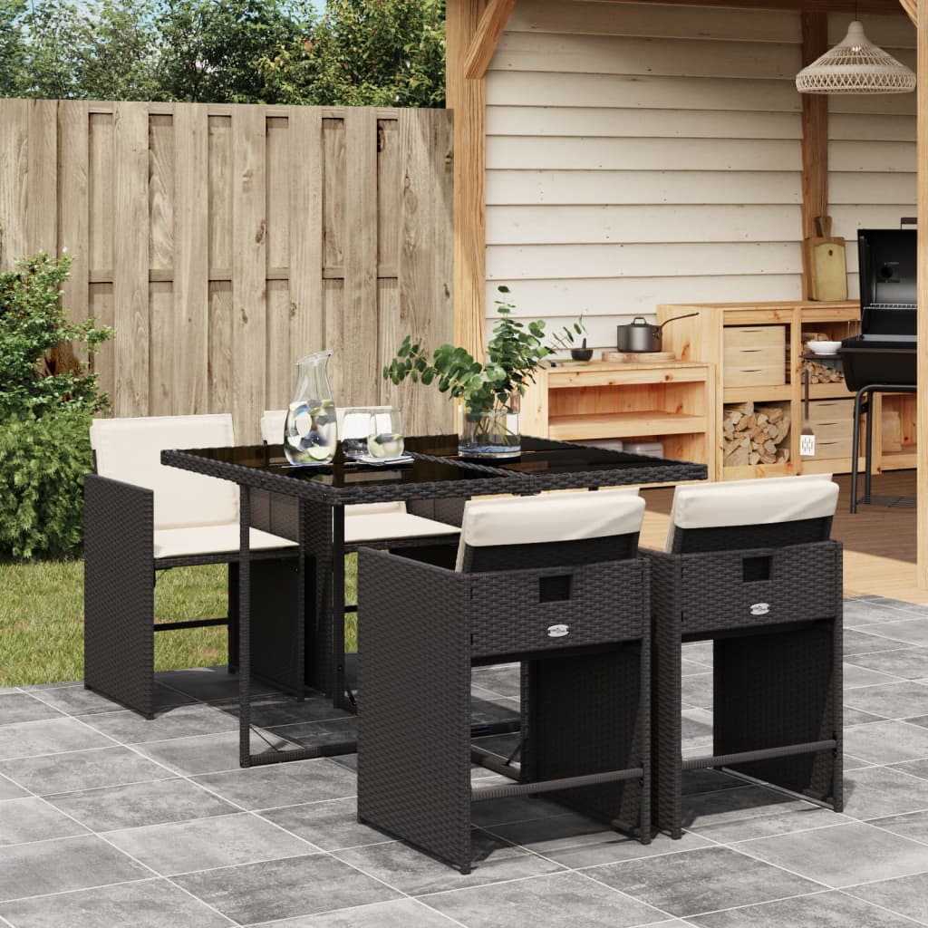 vidaXL 5 Piece Garden Dining Set with Cushions Black Poly Rattan
