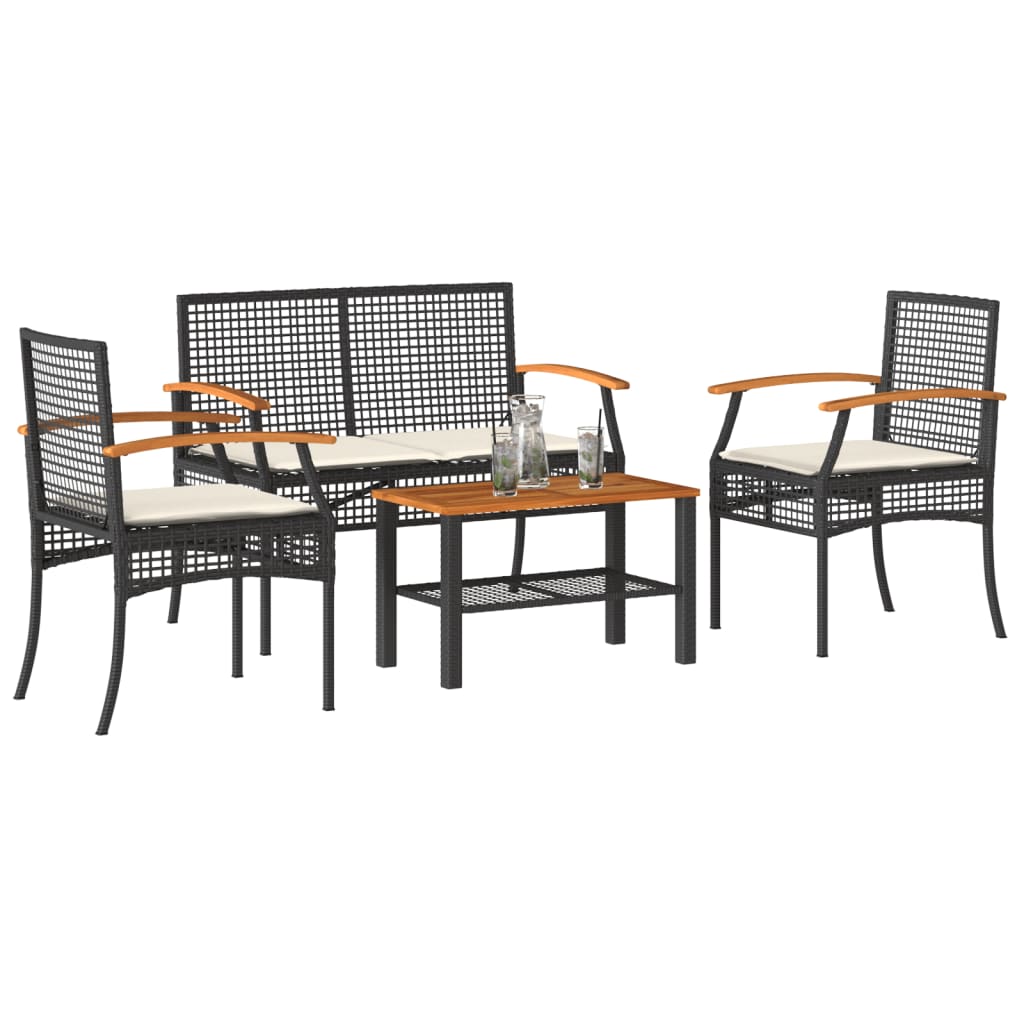 vidaXL 4 Piece Garden Lounge Set with Cushions Black Poly Rattan