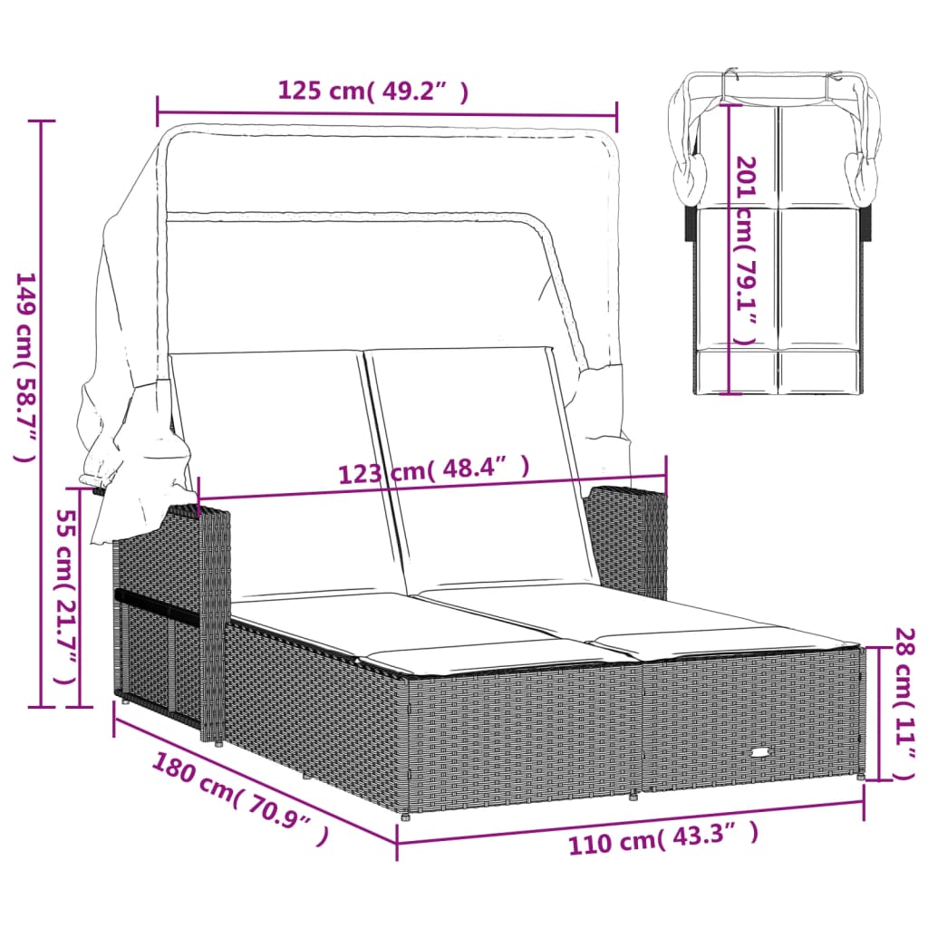 8721012309791_g_en_hd_10 vidaXL Double Sun Lounger with Canopy and Cushions Black Poly Rattan - Image 12
