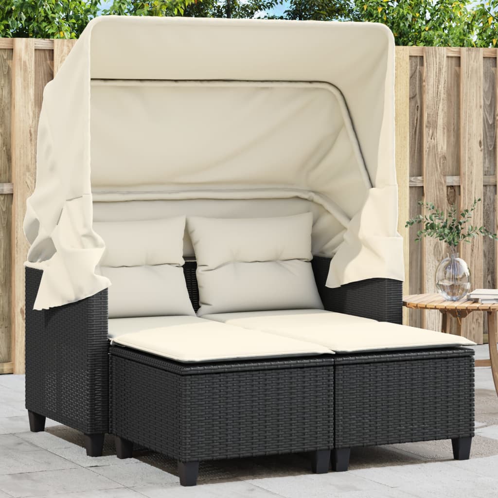 8721012312210_m_en_hd_1 vidaXL Garden Sofa 2-Seater with Canopy and Stools Black Poly Rattan - Image 1