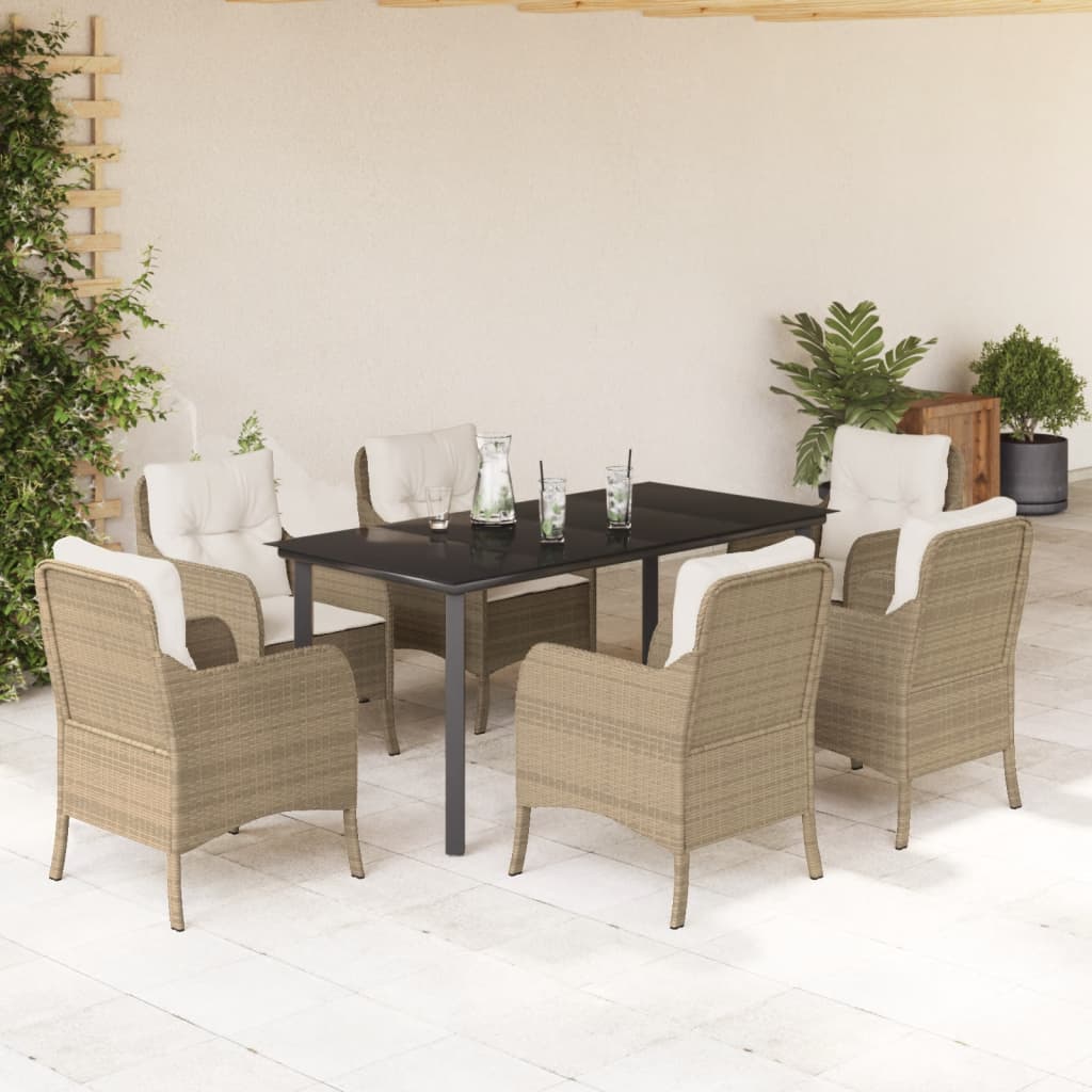 vidaXL 7 Piece Garden Dining Set with Cushions Beige Poly Rattan