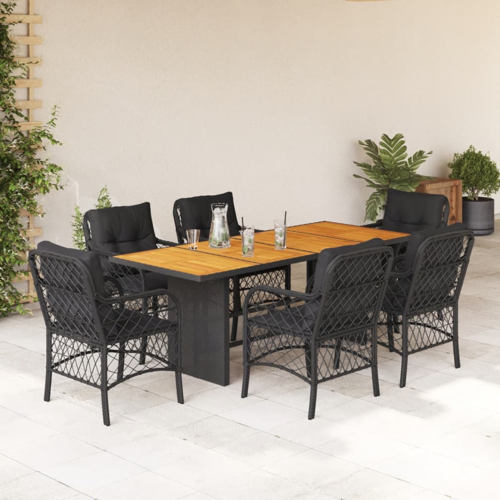 vidaXL 7 Piece Garden Dining Set with Cushions Black Poly Rattan