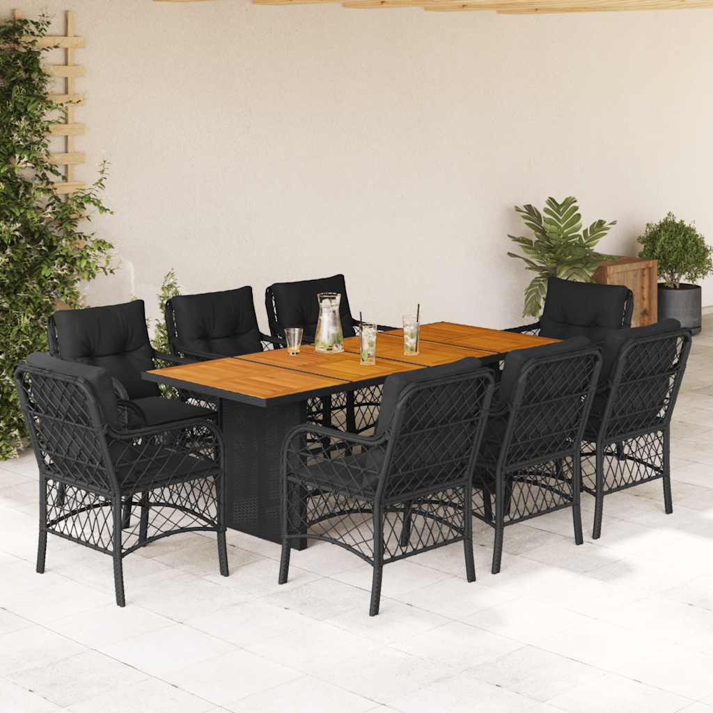vidaXL 9 Piece Garden Dining Set with Cushions Black Poly Rattan