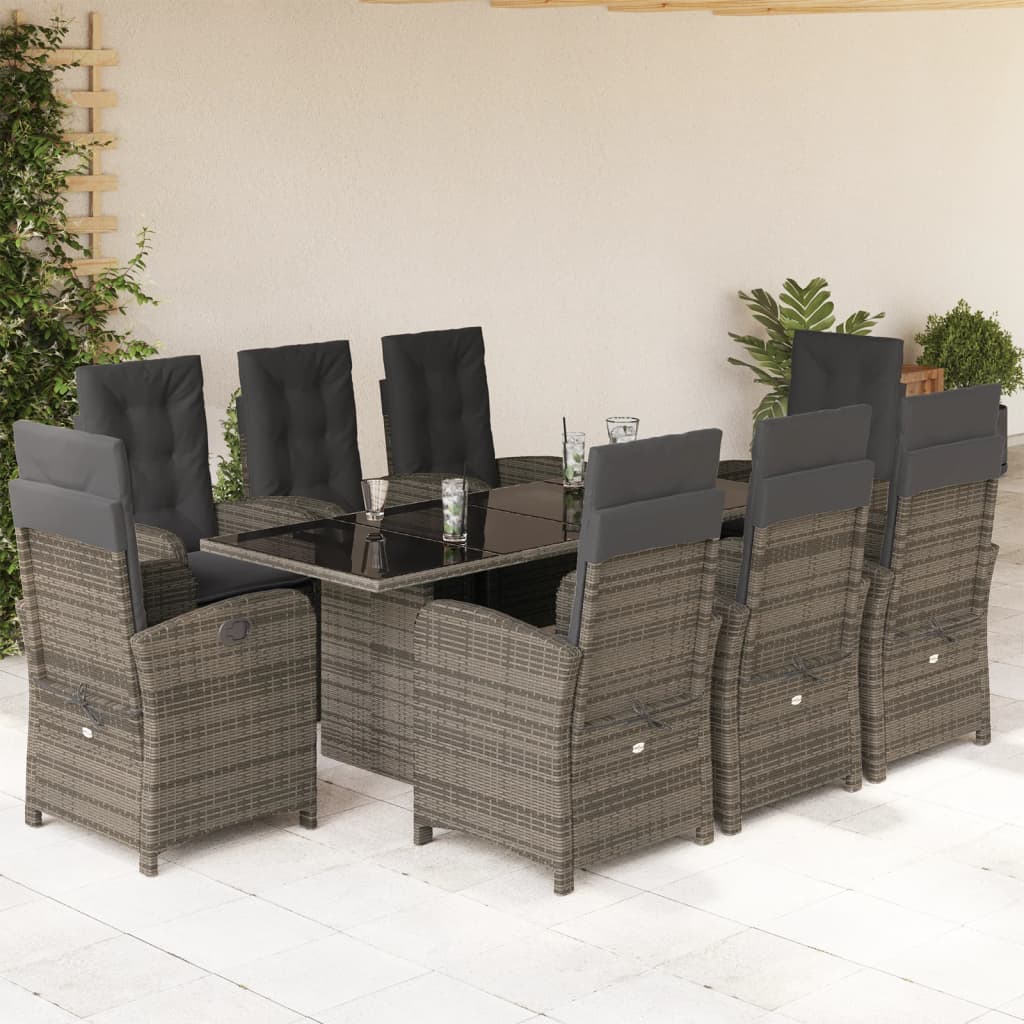 vidaXL 9 Piece Garden Dining Set with Cushions Grey Poly Rattan