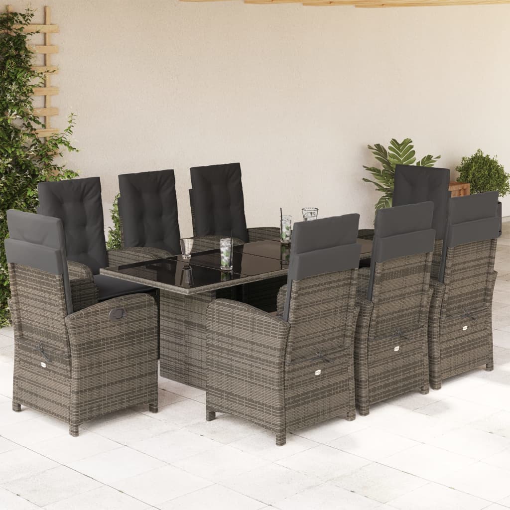 vidaXL 9 Piece Garden Dining Set with Cushions Grey Poly Rattan