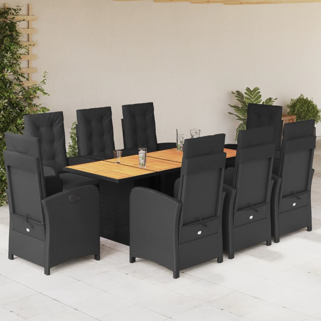 vidaXL 9 Piece Garden Dining Set with Cushions Black Poly Rattan