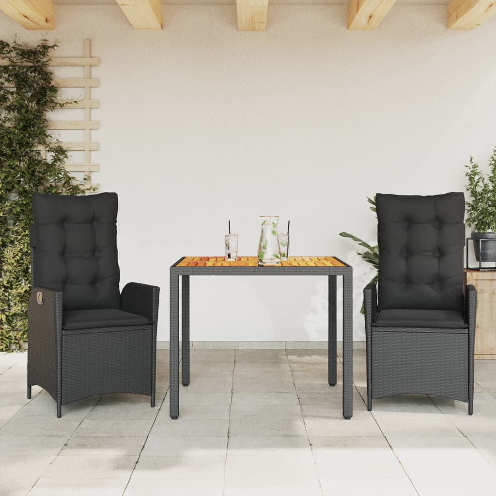 vidaXL 3 Piece Garden Dining Set with Cushions Black Poly Rattan
