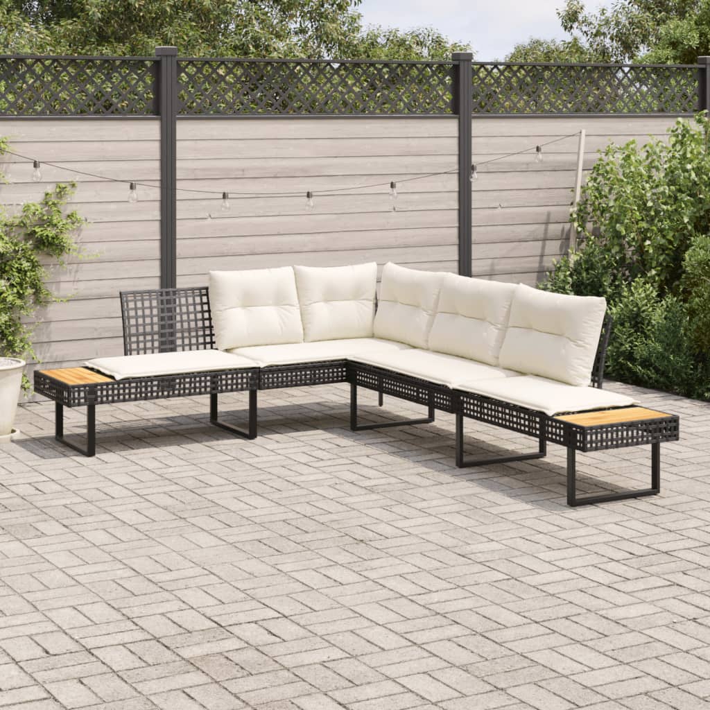 vidaXL Garden Sofa with Cushions L-shaped Black Poly Rattan and Acacia