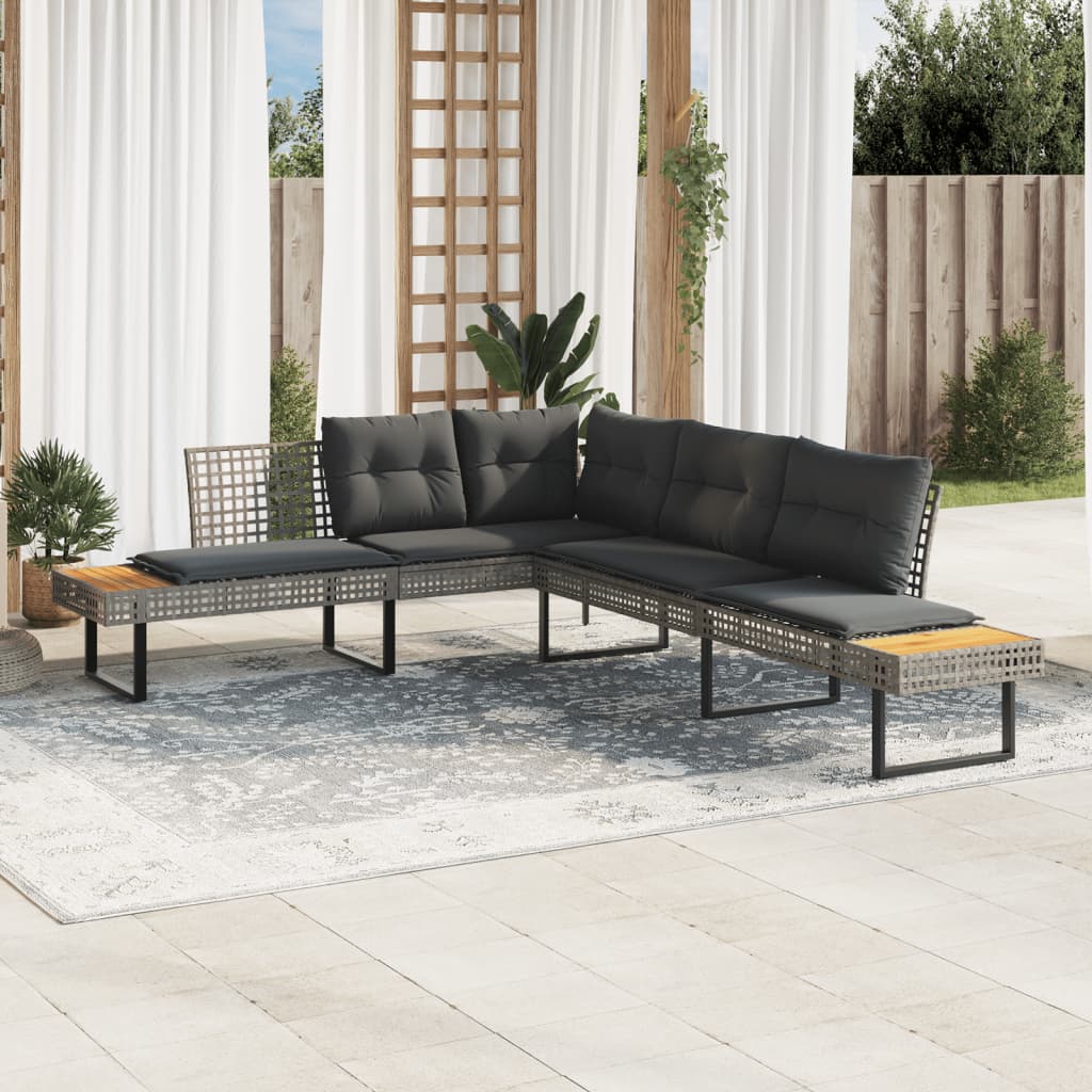 vidaXL Garden Sofa with Cushions L-shaped Grey Poly Rattan and Acacia