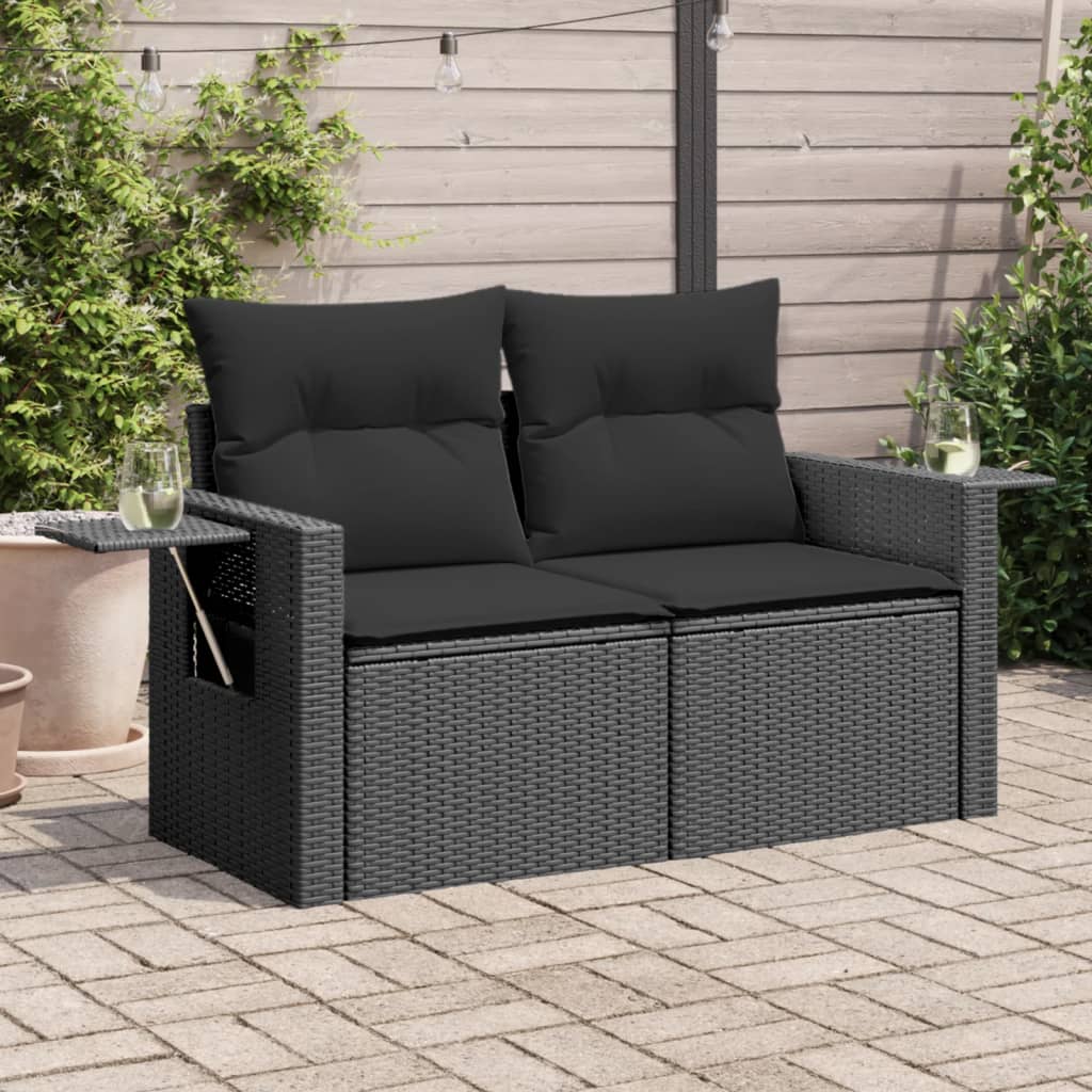 vidaXL Garden Sofa with Cushions 2-Seater Black Poly Rattan