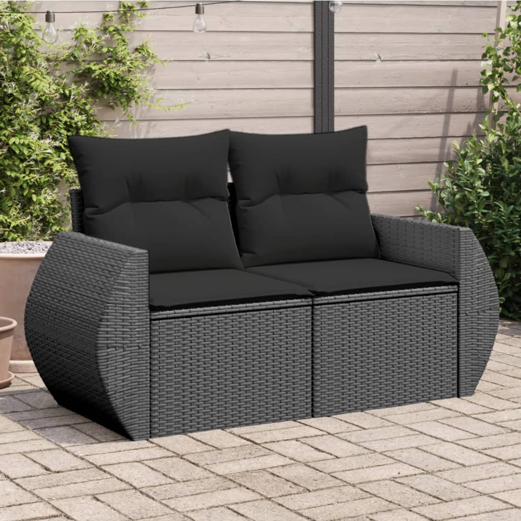 vidaXL Garden Sofa with Cushions 2-Seater Black Poly Rattan