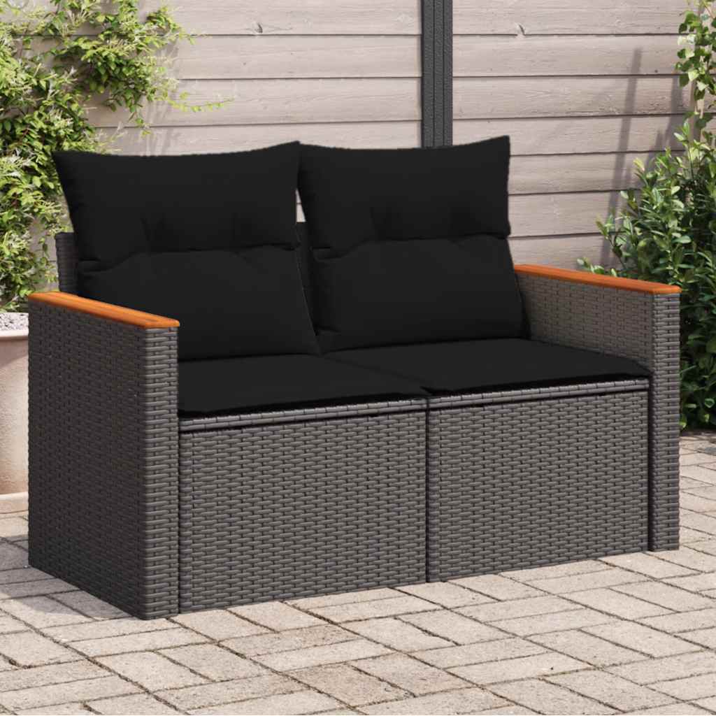 vidaXL Garden Sofa with Cushions 2-Seater Black Poly Rattan
