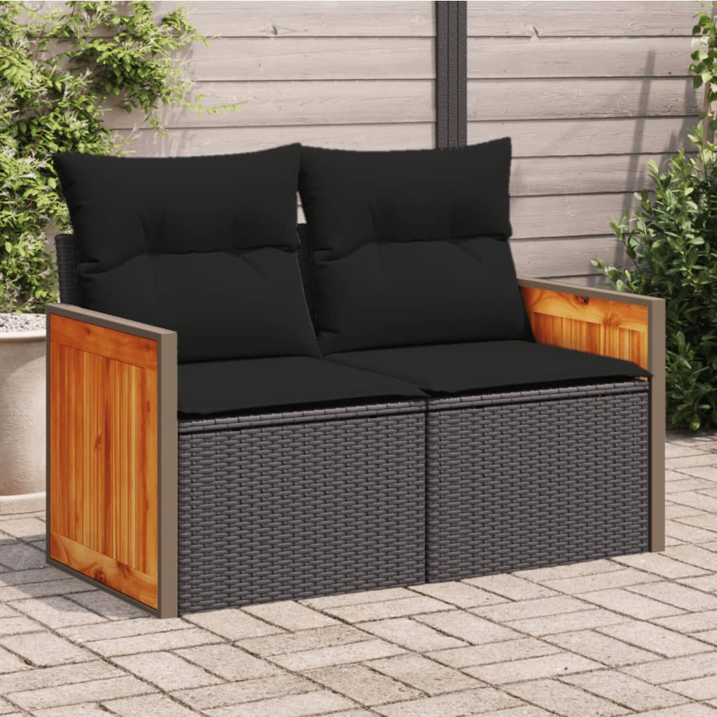 vidaXL Garden Sofa with Cushions 2-Seater Black Poly Rattan