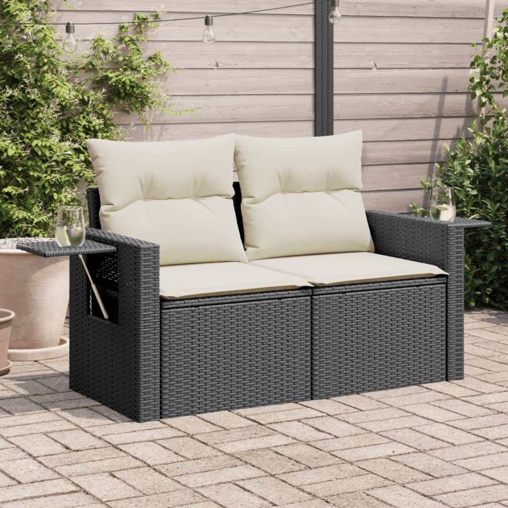 vidaXL Garden Sofa with Cushions 2-Seater Black Poly Rattan