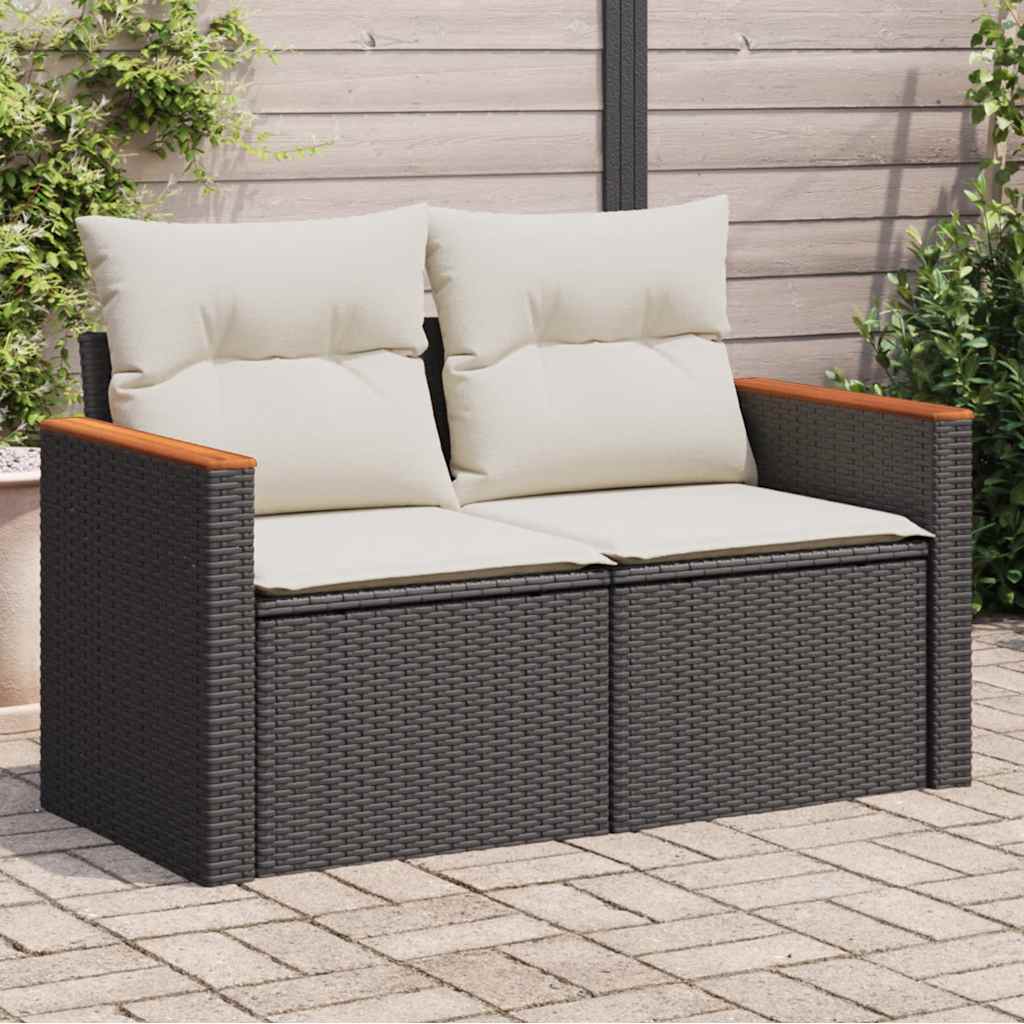 vidaXL Garden Sofa with Cushions 2-Seater Black Poly Rattan