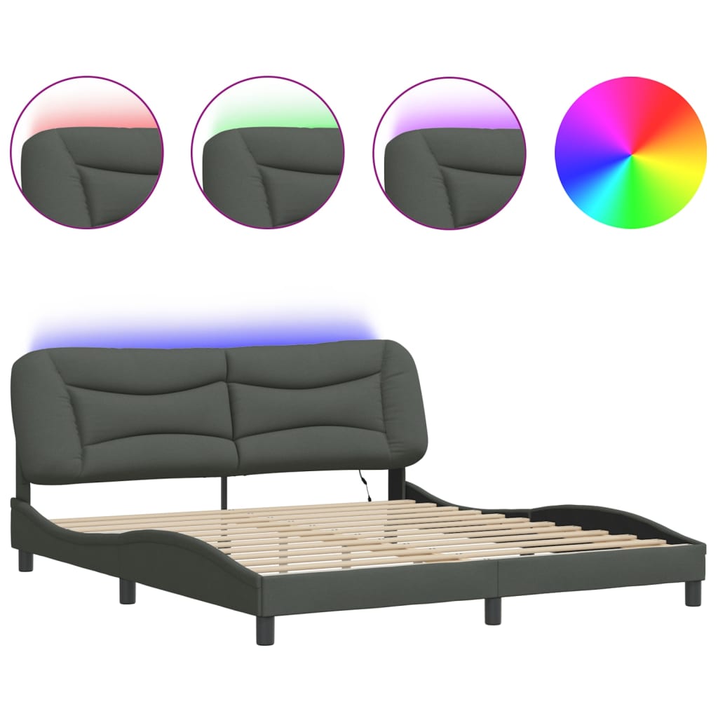 8721012354340_a_en_hd_1 vidaXL Bed Frame with LED without Mattress "Hvar" Dark Grey 180x200 cm King Fabric - Image 2