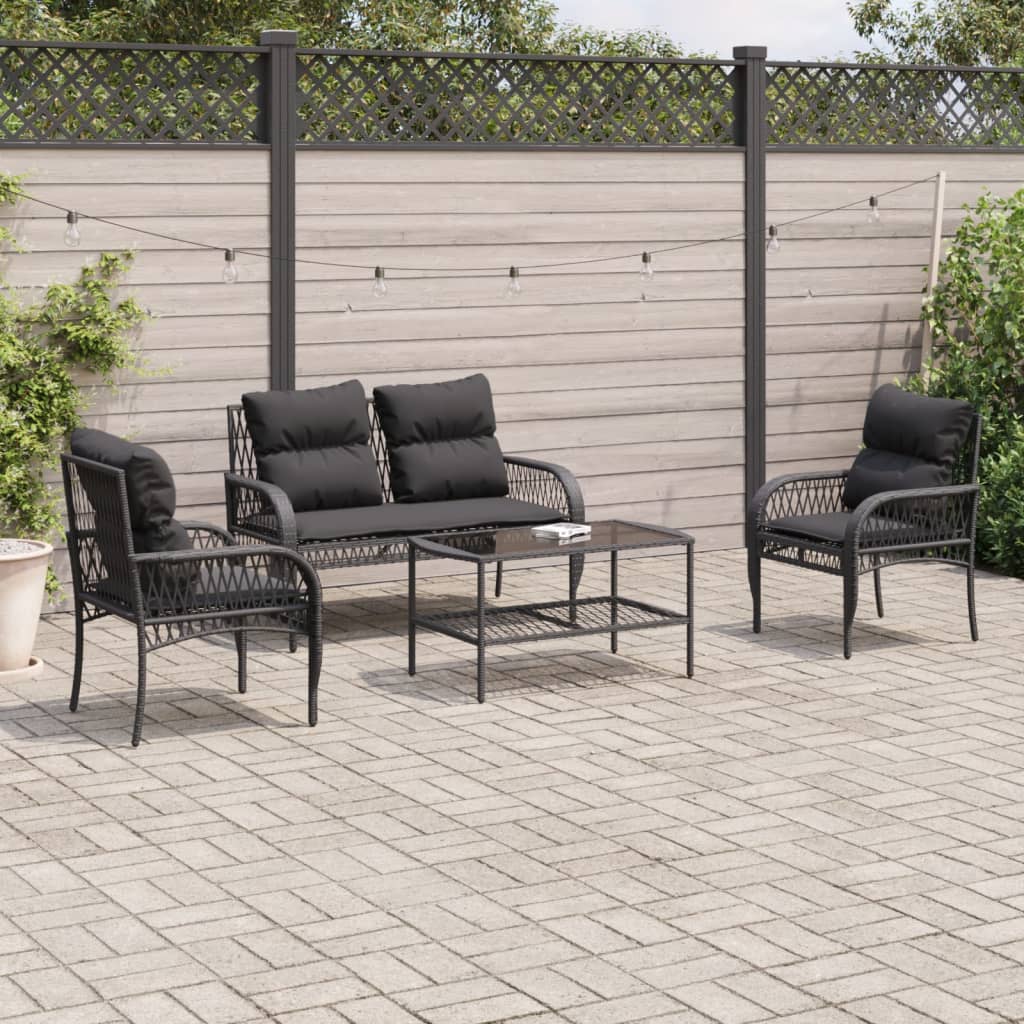 vidaXL 4 Piece Garden Sofa Set with Cushions Black Poly Rattan
