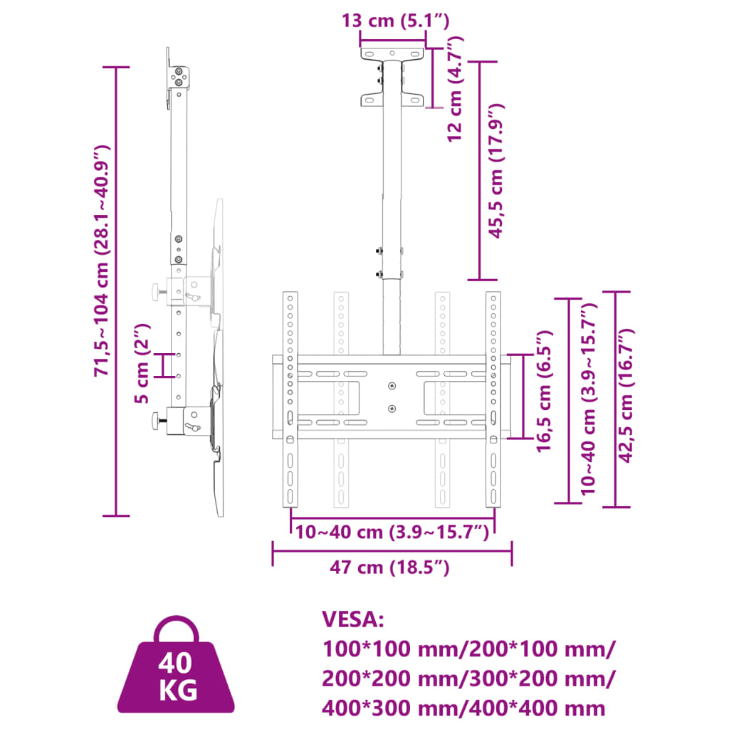 8721012476073_g_en_hd_6 vidaXL TV Ceiling Mount for 32-65 Inch Screen Max VESA 400x400 mm 40kg - Image 8
