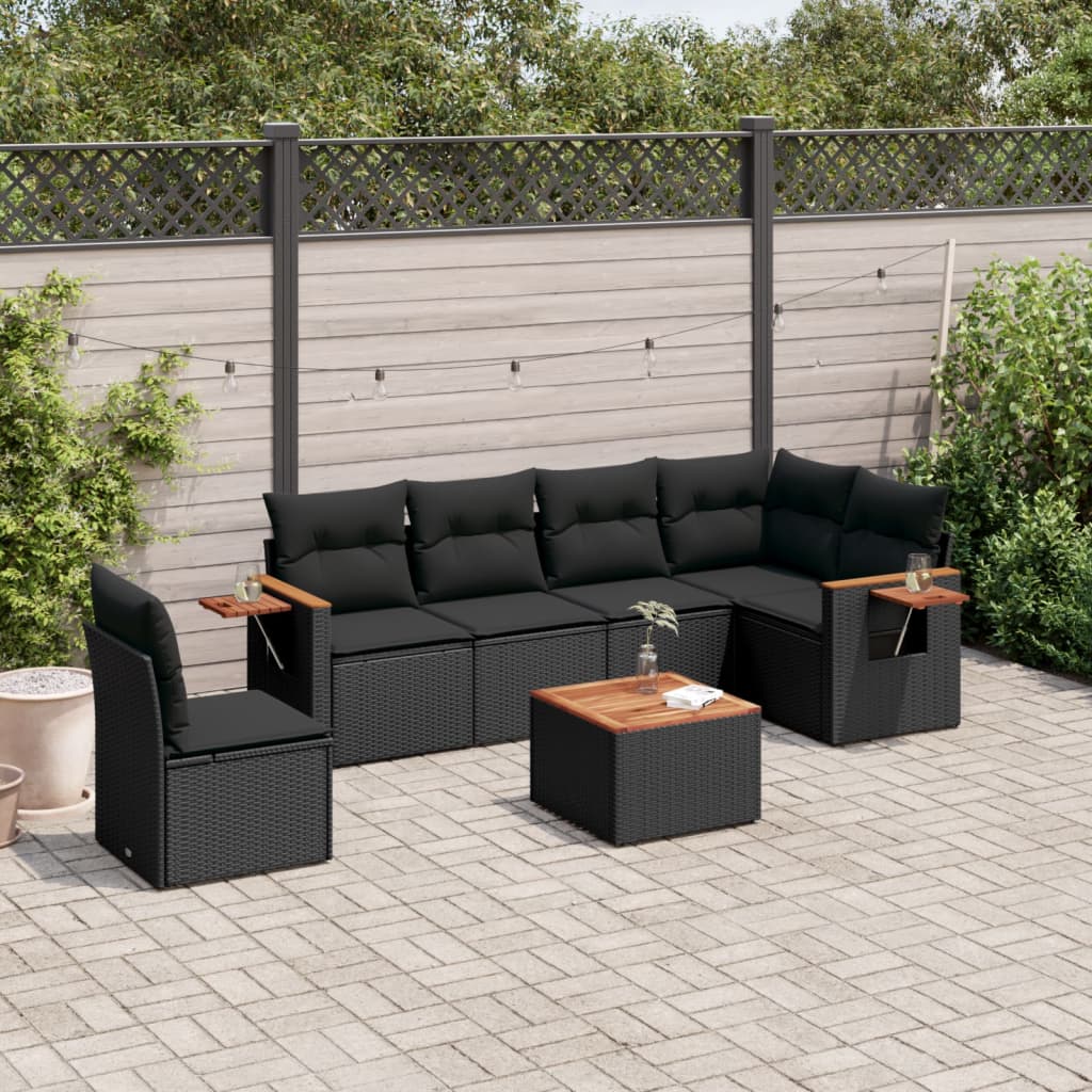 vidaXL 7 Piece Garden Sofa Set with Cushions Black Poly Rattan