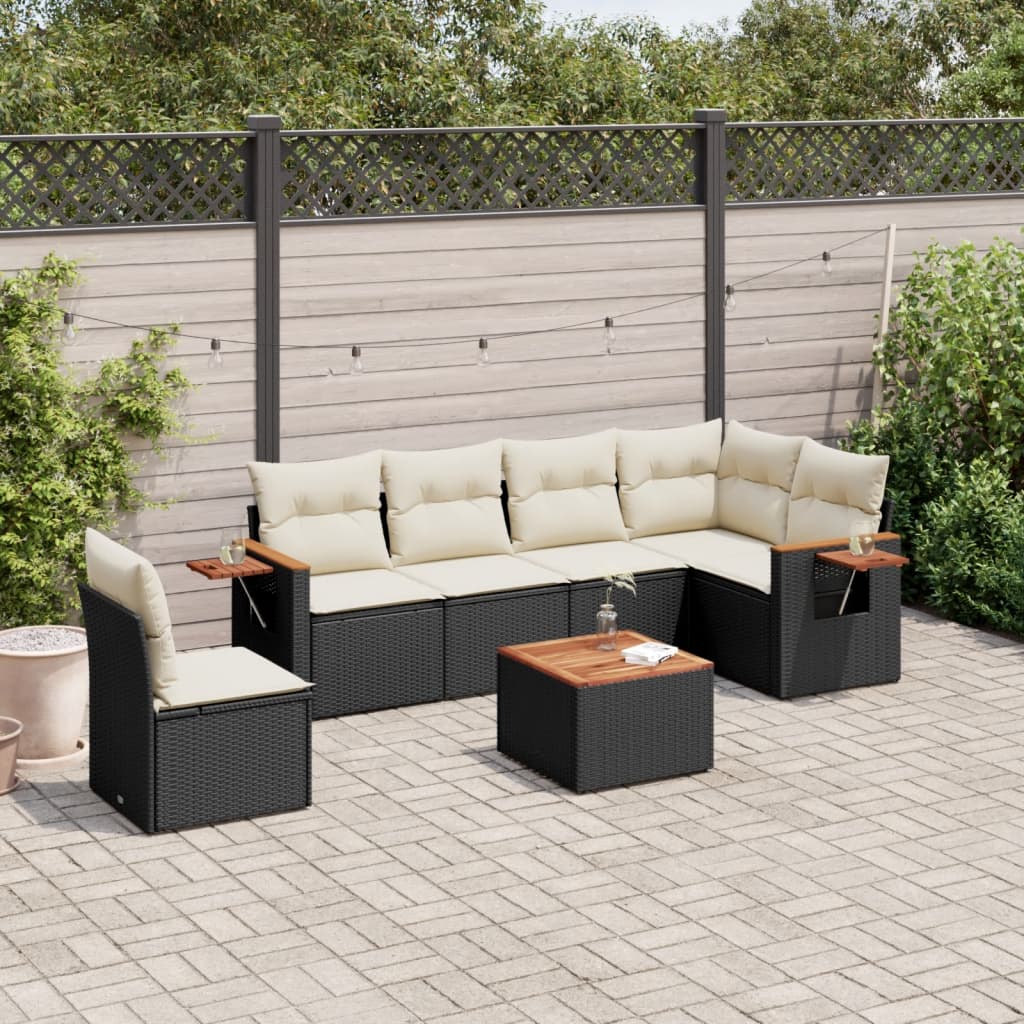 vidaXL 7 Piece Garden Sofa Set with Cushions Black Poly Rattan