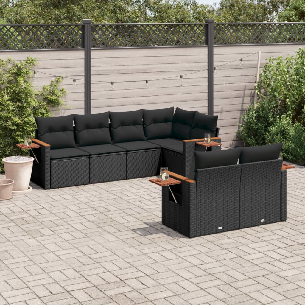 vidaXL 7 Piece Garden Sofa Set with Cushions Black Poly Rattan