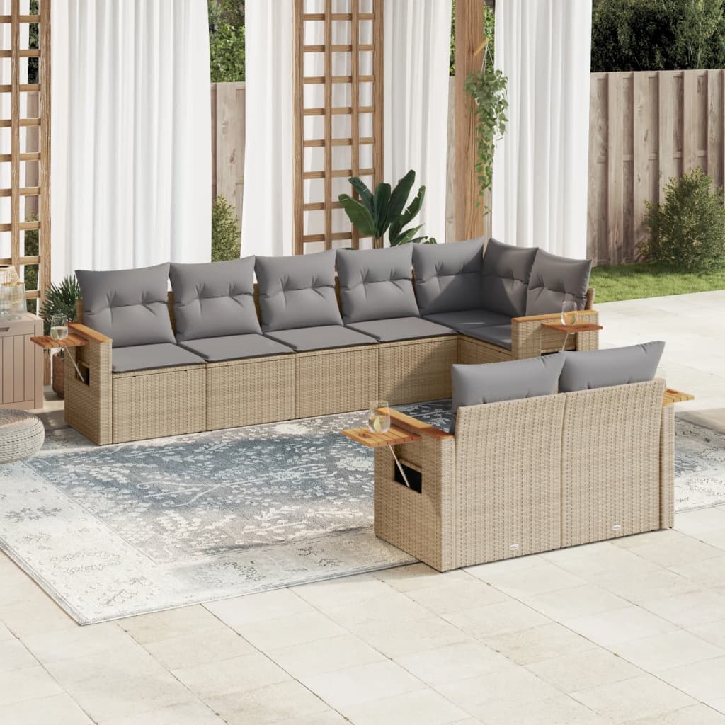 vidaXL 8 Piece Garden Sofa Set with Cushions Beige Poly Rattan