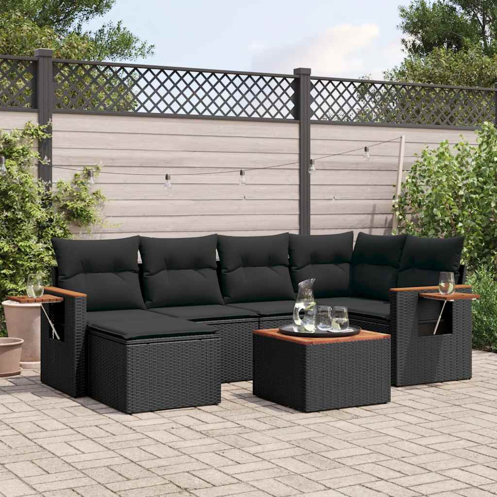 vidaXL 7 Piece Garden Sofa Set with Cushions Black Poly Rattan