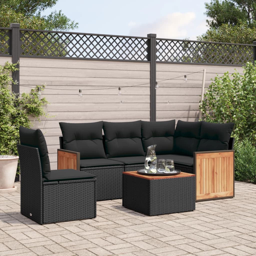 vidaXL 6 Piece Garden Sofa Set with Cushions Black Poly Rattan
