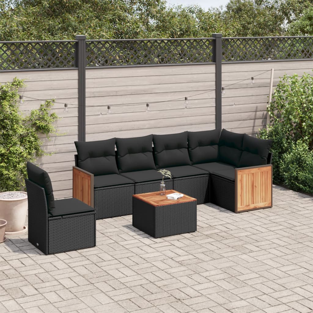 vidaXL 7 Piece Garden Sofa Set with Cushions Black Poly Rattan